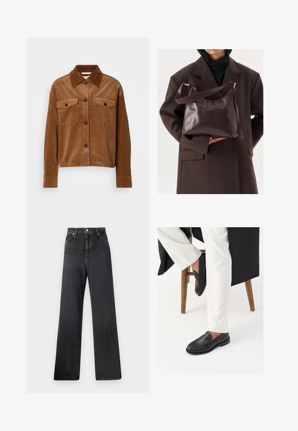 Hnědá kordrová bunda s knoflíkovým zapínáním vpředu, dvěma kapsami na hrudi s klapkou, dlouhými rukávy a špičatým límcem.; Černé široké džíny s vysokým pasem, opatřené zapínáním na knoflík, pěti kapsami a jemným vyblednutím na textuře látky.; Černé kožené mokasíny s hladkým povrchem a širokým detailem pásku, nošeny s bílými elegantními kalhotami. Podpatek má plochý design.; Osoba v tmavě hnědém kabátu držící lesklou tmavě vínovou koženou kabelku s nastavitelným popruhem přes rameno na světlém pozadí.