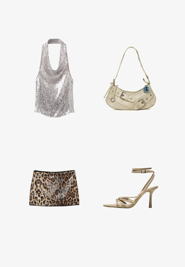 Strieborný trblietavý top s volánovým výstrihom a bezrukávovým dizajnom.; Mini sukňa s leopardím vzorom, zdobená zlatými a čiernymi flitrami, s priliehavým strihom a čiernym pásom.; Béžové semišové sandále na vysokom podpätku s špicatou špičkou, krútenými remienkami a nastaviteľným remienkom okolo členka. Textúrovaný podpätok s vertikálnymi drážkami.; Krémová kožená taška s zakriveným dizajnom, obsahujúca strieborné kovanie, zipsové uzatváranie a dekoratívne popruhy s krúžkami.