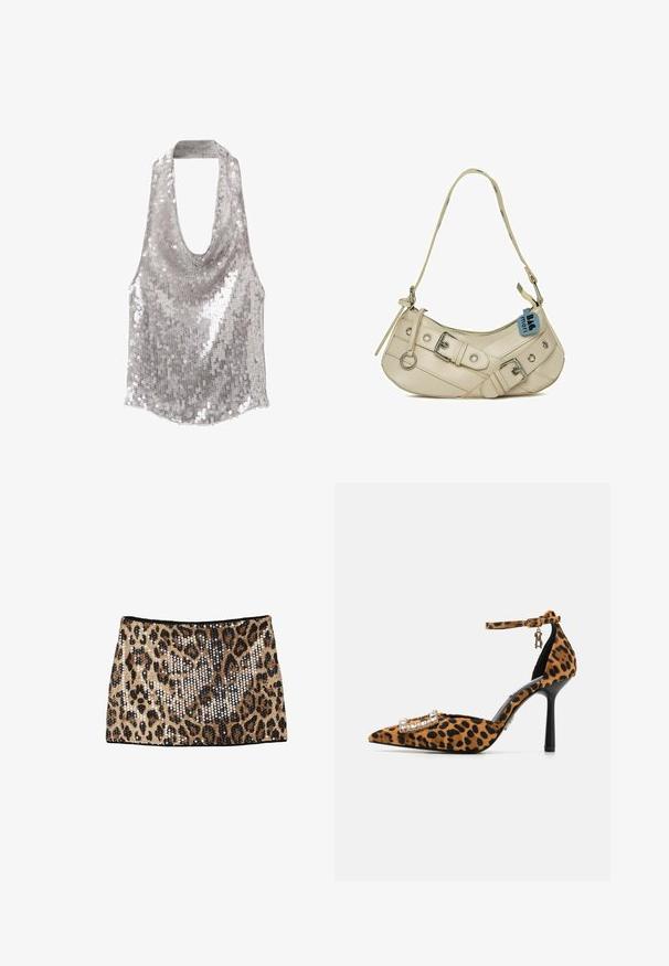 Sølv paliet halterneck top med dyb draperet halsudskæring og ærmeløs design.; Mini nederdel med leopardprint, der har guld- og sorte paljetter, en tætsiddende design og en sort taljeelastik.; Sko med leopardprint i højhælet design, spidse tæer, velourtekstur, ankelrem og spænde med krystalaccenter. Sorte stilettohæle.; Cremefarvet lædertaske med et buet design, der har sølvhardware, lynlåsåbning og dekorative stropper med ringe.