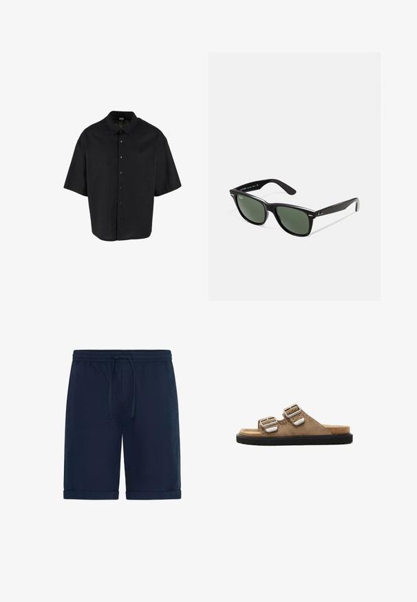 Krátky rukáv čierna košeľa vyrobená z ľahkého materiálu, s gombíkovým zapínaním vpredu a klasickým golierom, s uvoľneným, štvorcovým strihom.; Námornícke modré kraťasy vyrobené z ľahkej tkaniny, s elastickým pásom a šnúrkou na stiahnutie, a s rolovanými lemami pre neformálny vzhľad.; Hnedé semišové šľapky s dvoma nastaviteľnými striebornými prackami, čierna textúrovaná podrážka a perforované detaily v hornej časti.; Čierne plastové slnečné okuliare so zelenými šošovkami, štvorcové rámy, strieborný akcent na obočí a textúrované ramenné opierky. Brand uvedený na vnútornej strane ramien.; Čierne kožené remienok hodinky s okrúhlym čiernym ciferníkom. Obsahuje strieborné hodinové ukazovatele a ručičky, spolu s lesklým kovovým puzdrom a korunou.; Strieborný náhrdelník s obdĺžnikovým príveskom, ktorý má textúrovaný povrch. Nastaviteľný reťaz so malými okrúhlymi okami a akcentom v podobe štítku.