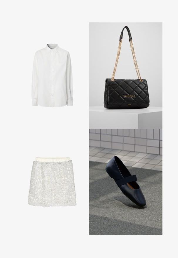 Balts garām piedurknēm pogājamais krekls, kas izgatavots no kokvilnas, ar klasisku apkakli, pogu rindu un nedaudz izliekts apakšmali.; Balta svārku ar teksturētu sudraba ziedu mežģīņu kārtu, ar elastīgu jostu un izplestu formu, parādot sarežģītu dizaina detaļu.; Melna ādas plakanā kurpe ar noapaļotu purngalu, kurai pa vidu ir maiga melna elastīga siksna. Gluda tekstūra un minimālistisks dizains.; Melnas izšūtas ādas rokassoma ar zelta ķēdes siksnu un logotipa detaļu. Taisnstūra forma, gluda tekstūra, ar vāciņa aizdari.