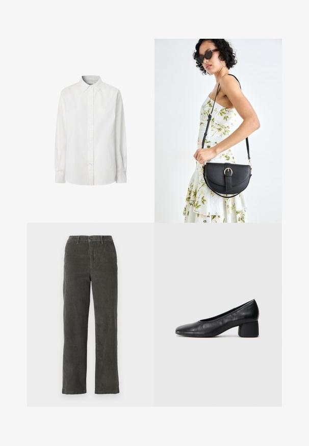 Bela dolg rokav srajca z gumbki, izdelana iz bombaža, ki ima klasičen ovratnik, gumbčasto zapenjanje in rahlo ukrivljen rob.; Sivi kordna hlače z pasom, zapiranjem na sprednji gumb in dvema stranskima žepoma. Naravnost krojena in z žameti teksturo.; Črne usnjene petke z zaobljenim nosom in srednjo blok peto. Gladka tekstura z minimalnimi detajli, ki vključuje subtilno elastično odprtino.; Črna usnjena torbica s ukrivljeno obliko, z odstranljivo naramnico in zlatimi dodatki. Torbica ima pokrov s podrobnostmi v obliki zaponke.