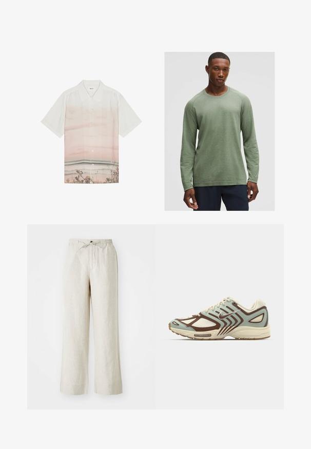 Kurzarmhemd aus weißem Stoff mit einem Farbverlauf in sanften Rosa-Tönen und einem Strandmotiv am unteren Rand. Knopfschluss.; Langärmliges Shirt in gedämpftem Grün mit strukturiertem Muster, rundem Ausschnitt und Raglanärmeln, aus weichem, leichtem Stoff gefertigt.; Leinenhosen in einem hellbeigen Farbton, mit lockerer Passform, elastischem Bund mit Kordelzug und seitlichen Taschen für zusätzlichen Komfort.; Hellblaue und braune Sneaker mit einem strukturierten Mesh-Obermaterial, geschichtetem Design, reflektierenden Akzenten und einer gepolsterten cremefarbenen Zwischensohle.