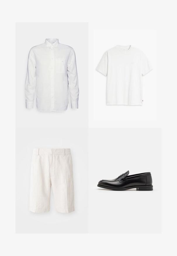 Bela srajca z dolgimi rokavi iz bombaža, z znižanimi ovratnikom, sprednjim žepom in običajnim krojem. Teksturirana tkanina s gladko površino.; Bela bombažna majica s kratkimi rokavi, okroglim ovratnikom in subtilnim logotipom Levi's, natisnjenim na sredini. Mehak material in standardna oblika.; Linen hlače kratke v svetlo bež barvi z elastičnim pasom, stranskimi žepi in ravnim krojem. Gladka tekstura z minimalno vidnimi šivi.; Črne usnjene loafer čevlje z gladko teksturo, zaobljenim nosom in dekorativnim trakom čez zgornji del. Nizka zložena peta, minimalističen dizajn.