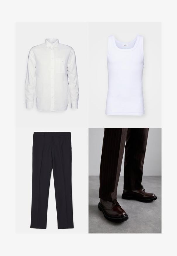 Camisa blanca de manga larga hecha de algodón, con cuello abotonado, bolsillo frontal y corte regular. Tejido texturizado con una superficie suave.; Camiseta sin mangas de algodón blanca con escote redondo, que presenta una textura suave y una forma ajustada, diseñada para el uso casual.; Pantalones negros a medida hechos de tela suave, con dos bolsillos laterales, un diseño de pierna recta y sin patrones o acentos visibles.; Zapatos de cuero marrón con cordones y un acabado brillante, suela de goma negra y costuras sutiles. Llevados con pantalones marrón de rayas.