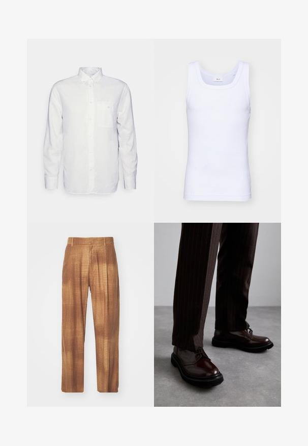 Camisa blanca de manga larga hecha de algodón, con cuello abotonado, bolsillo frontal y corte regular. Tejido texturizado con una superficie suave.; Camiseta sin mangas de algodón blanca con escote redondo, que presenta una textura suave y una forma ajustada, diseñada para el uso casual.; Pantalones marrones con un patrón, de superficie texturizada, que presentan un corte holgado y piernas rectas. La tela tiene un discreto diseño de rejilla.; Zapatos de cuero marrón con cordones y un acabado brillante, suela de goma negra y costuras sutiles. Llevados con pantalones marrón de rayas.