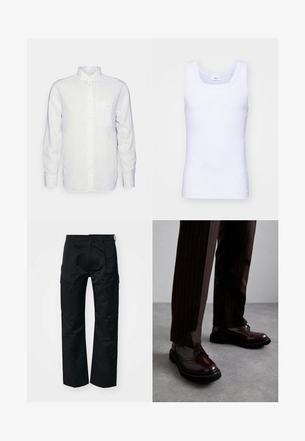 Bela srajca z dolgimi rokavi iz bombaža, z znižanimi ovratnikom, sprednjim žepom in običajnim krojem. Teksturirana tkanina s gladko površino.; Bela bombažna brezrokavna majica s krošnjo, ki ima gladko teksturo in prilegajočo obliko, zasnovana za sproščeno nošenje.; Črne cargo hlače z gladko teksturo, ki imajo stranske žepe, gumbasto zaponko in sproščen kroj.; Bordeaux usnjeni čevlji na vezanje z leskom, črnim gumijastim podplatom in diskretno šivanjem. Nosi se z rjavo prugastimi hlačami.