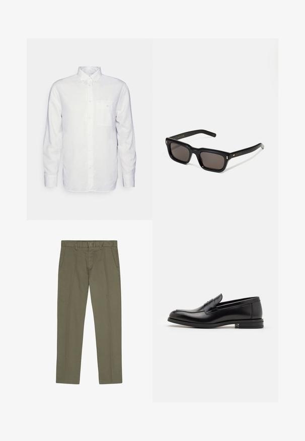 Long-sleeve white shirt made of cotton, featuring a button-down collar, front pocket, and regular fit. Textured fabric with a smooth surface.; NN.07 THEO - Chinos - capers; Black leather loafers with a smooth texture, rounded toe, and a decorative strap across the vamp. Low stacked heel, minimalist design.; Black rectangular sunglasses with dark lenses, thick plastic frame, gold accents on temples, and brand logo engraved on the arm.