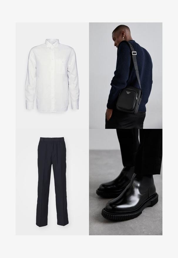 Langärmliges, weißes Hemd aus Baumwolle mit Button-Down-Kragen, Fronttasche und normalem Schnitt. Strukturierter Stoff mit glatter Oberfläche.; Marineblaue Hosen aus leichtem Stoff mit gerade geschnittenem Design, elastischem Bund und ohne sichtbare Taschen oder Muster.; Schwarze Leder-Chelsea-Boots mit glatter Oberfläche, elastischen Seiteneinsätzen und einer dicken, strukturierten Gummisohle mit einem robusten Profil.; Schwarze Leder-crossbody-Tasche mit einem Reißverschlussfach, Logo-Detail und einem verstellbaren, gebrandeten Gurt. Getragen zu einem strukturierten marineblauen Pullover.