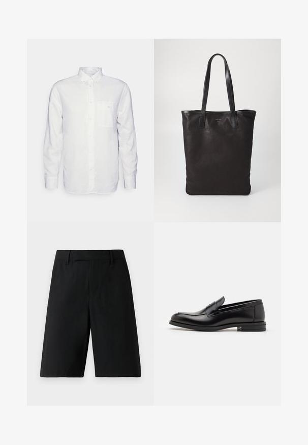 Pikkade varrukatega valge puuvillane särk, millel on nööbitav krae, eesmine tasku ja tavaline lõike. Tekstureeritud kangas, mille pind on sile.; Mustad põlvikuti lõpetavad lühikesed pükste valmistus, millel on vööpaanid, lamedad esiosad ja küljetaskud heledal ühetoonilisel taustal.; Mustad mustad nahast loafers sileda tekstuuriga, ümarat ninaosa ja dekoratiivne riba vampi üle. Madal kihiline konts, minimalistlik disain.; Mustmust kott mustade nahkade käepidemetega. Lihtne disain, avar keha ja sile tekstuur. Pole nähtavaid logosid ega mustreid.