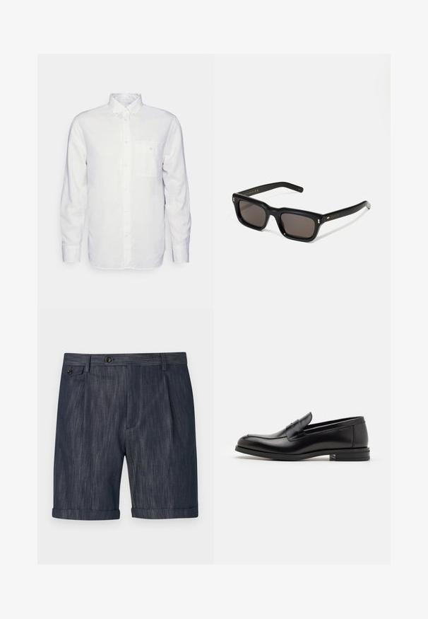 Long-sleeve white shirt made of cotton, featuring a button-down collar, front pocket, and regular fit. Textured fabric with a smooth surface.; Dark blue shorts made of textured fabric, featuring a folded hem, front pleats, and a single button closure on the waistband.; Black leather loafers with a smooth texture, rounded toe, and a decorative strap across the vamp. Low stacked heel, minimalist design.; Black rectangular sunglasses with dark lenses, thick plastic frame, gold accents on temples, and brand logo engraved on the arm.