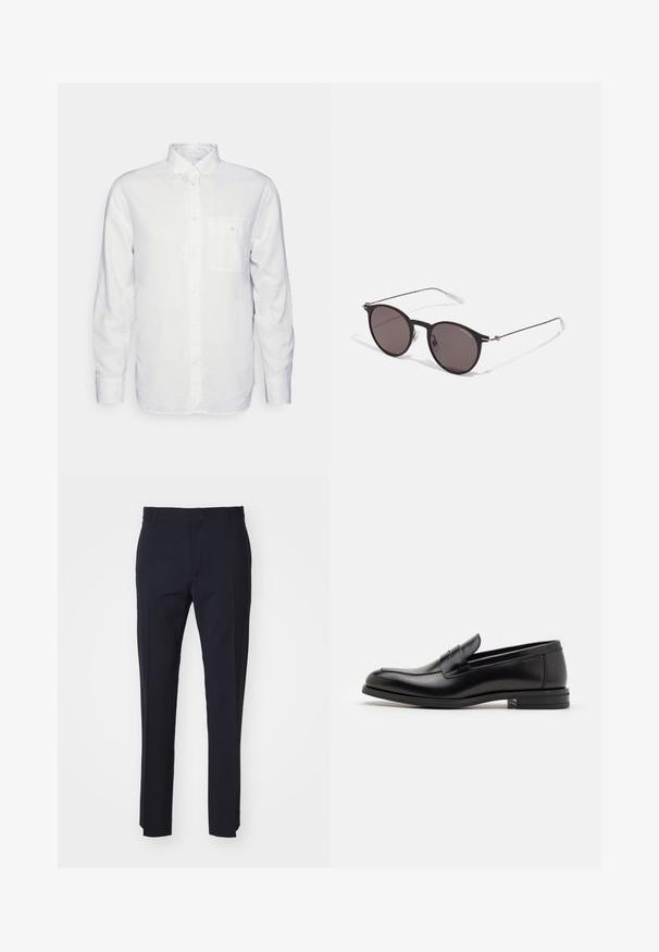 Pikkade varrukatega valge puuvillane särk, millel on nööbitav krae, eesmine tasku ja tavaline lõike. Tekstureeritud kangas, mille pind on sile.; Tumed kohandatud püksid, mis on valmistatud kudumiskangast, sirge esiotsaga, nailonvööde jaoks aasadega ja sirgete jalgadega. Ilmselged mustrid või detailid puuduvad.; Mustad mustad nahast loafers sileda tekstuuriga, ümarat ninaosa ja dekoratiivne riba vampi üle. Madal kihiline konts, minimalistlik disain.; Mustad mustad prillid tumedate läätsedega ja õhukeste metallist käepidemetega. Kaarja kujuga seljaosa ja hõbedased aktsendid hingel. Minimalistlik disain.