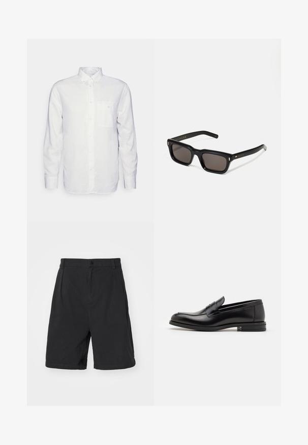 Long-sleeve white shirt made of cotton, featuring a button-down collar, front pocket, and regular fit. Textured fabric with a smooth surface.; Han Kjøbenhavn WIDE LEG - Shorts - black; Black leather loafers with a smooth texture, rounded toe, and a decorative strap across the vamp. Low stacked heel, minimalist design.; Black rectangular sunglasses with dark lenses, thick plastic frame, gold accents on temples, and brand logo engraved on the arm.
