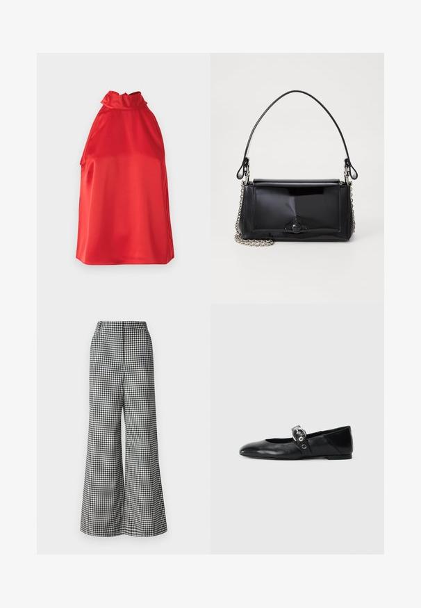 Top halter de satén rojo con un cuello alto, textura suave y aberturas laterales. Presenta un diseño simple y elegante sin adornos.; Pantalones de pierna ancha con un patrón de cuadro vichy en blanco y negro, con una cintura alta y una textura suave. Diseño entallado sin herrajes visibles.; Mocasines de ballet de cuero negro con punta afilada, que cuentan con una correa con un cinturón metálico circular y una suela plana.; Bolso de mano de charol negro con forma rectangular, correa de cadena y un acento de hardware distintivo en el centro. Textura suave.
