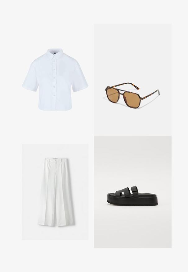 Biała krótka koszula zapinana na guziki z krótkimi rękawami, z klasycznym kołnierzykiem i guzikami o perłowym efekcie, wykonana z gładkiego materiału.; Bershka WIDE biały; Czarne sandały na platformie z dwiema szerokimi paskami, wykonane z gładkiego materiału. Posiadają masywną podeszwę z teksturowanym dnem dla lepszej przyczepności.; Brązowe okulary przeciwsłoneczne z oprawką w deseń żółwia, prostokątne soczewki i smukłe zauszniki z pomarańczowym wzorem.