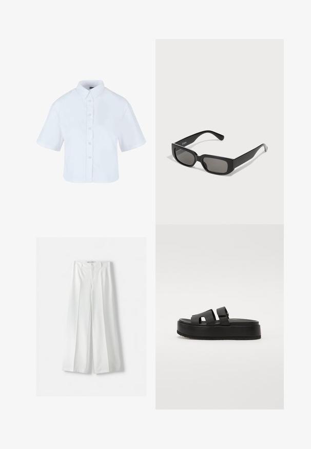 Hvid cropped knap-up skjorte med korte ærmer, der har en klassisk krave og perle-effekt knapper, lavet af glat stof.; Bershka WIDE-LEG TAILORED - Bukser - white; Sorte platform sandaler med to brede stropper, lavet af glat materiale. Har en kraftig sål med en tekstureret bund for bedre greb.; Sorte rektangulære solbriller med gråtonede linser, lavet af glat plastik. Har et minimalistisk design med lige arme og subtil branding.; Sorte læderhåndtaske med topgreb og skulderrem, guld-tonet klap og "Victoria Hyde" branding på forsiden.