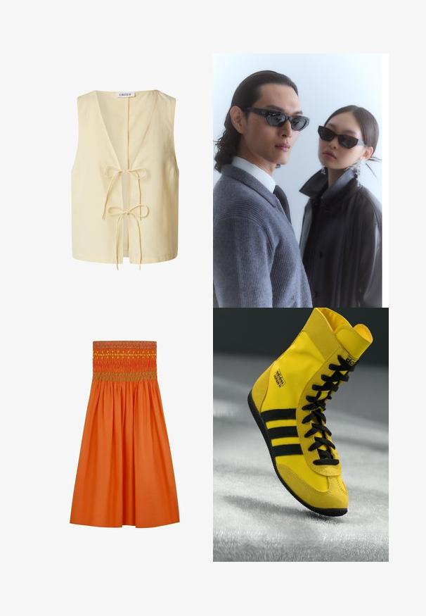 Gelbes ärmelloses Top mit V-Ausschnitt, ausgestattet mit einem Frontbindeband und leichtem Stoff. Einfaches Design ohne Muster oder Akzente.; Oranger Baumwollrock mit einem gerafften Bund und mehrfarbiger Stickerei. Ausgestellte Form mit glatter Textur, knielange Länge.; Hochschuh-Sneaker aus gelbem synthetischem Material, mit schwarzen Schnürsenkeln, drei schwarzen Streifen und Branding an der Seite. Strukturierte Gummisohle.; Sonnenbrille mit eckigen schwarzen Rahmen, getragen von einem Modell mit einem grauen Pullover, der ein strukturiertes Strickmuster zeigt, sowie einer schwarzen Lederjacke, die von einem anderen Modell getragen wird.; Geflochtener beigefarbener Strohsack, verziert mit weißen kreisförmigen Muschelakzenten, mit einer abgerundeten Form und strukturierter Oberfläche.