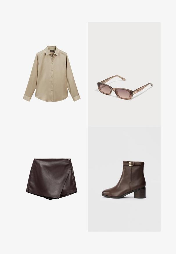 Beige langærmet skjorte med knapper, klassisk krave og manchetter, glat stof og let buet søm.; Brun faux læder omslagsskjørt med en glat tekstur og skrå snit, der har rene kanter og en sidelukning med lynlås.; Brune læder ankelstøvle med rund tå, lav blokhælsko og en dekorativ spænde rem ved anklen. Glat tekstur og slankt design.; Brune gradient solbriller med rektangulære glas og slanke stel. Har en skinnende finish med diskret branding på siden.; Brun ruskind skuldertaske med åben top. Har en dyb, bred form, udskåret håndtag og minimal syning for et rent design.