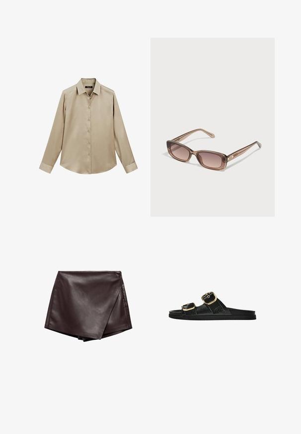 Beige langærmet skjorte med knapper, klassisk krave og manchetter, glat stof og let buet søm.; Brun faux læder omslagsskjørt med en glat tekstur og skrå snit, der har rene kanter og en sidelukning med lynlås.; Sort skridsandal med to guldspænder, glat tekstureret materiale, flad sål og et minimalistisk design.; Brune gradient solbriller med rektangulære glas og slanke stel. Har en skinnende finish med diskret branding på siden.; Massimo Dutti Håndtasker - brown