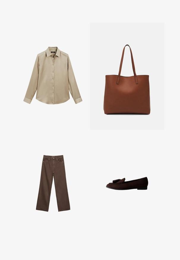 Beige långärmad skjorta med knappar, klassisk krage och manschetter, mjukt tyg och något rundad nederkant.; Breda bruna jeans i denim med hög midja, framfickor och klassisk knäppning. Slät textur med subtil sömnad.; Brun mockaläderloafer med rund tå och dekorativ frans på ovansidan. Platt sula med minimalistisk design och slät textur.; Brun läder tote-väska med en slät textur, öppen toppdesign och två axelremmar. Har minimal söm och ingen synlig metalldetalj.