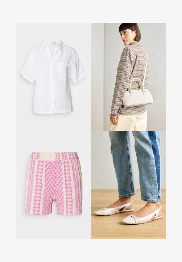 Bílá krátkosrstá lněná košile s knoflíkovým zapínáním vpředu, límečkem a jednou náprsní kapsou. Má uvolněný střih a jemnou texturu.; Růžové a krémové šortky se vzorem v geometrických designech. Jsou vyrobené s texturovaným elastickým pasem a mají volný střih.; Světle růžové slingback baleríny s špičatou špičkou, vyrobené z hladkého koženému materiálu. Obsahují vystřihovací detaily po stranách a plochý podpatek.; Bílá strukturovaná kabelka s krátkými uchy a ramenním popruhem, zdobená zlatými kovovými prvky a texturovaným materiálem, vystavená na šedém pozadí.