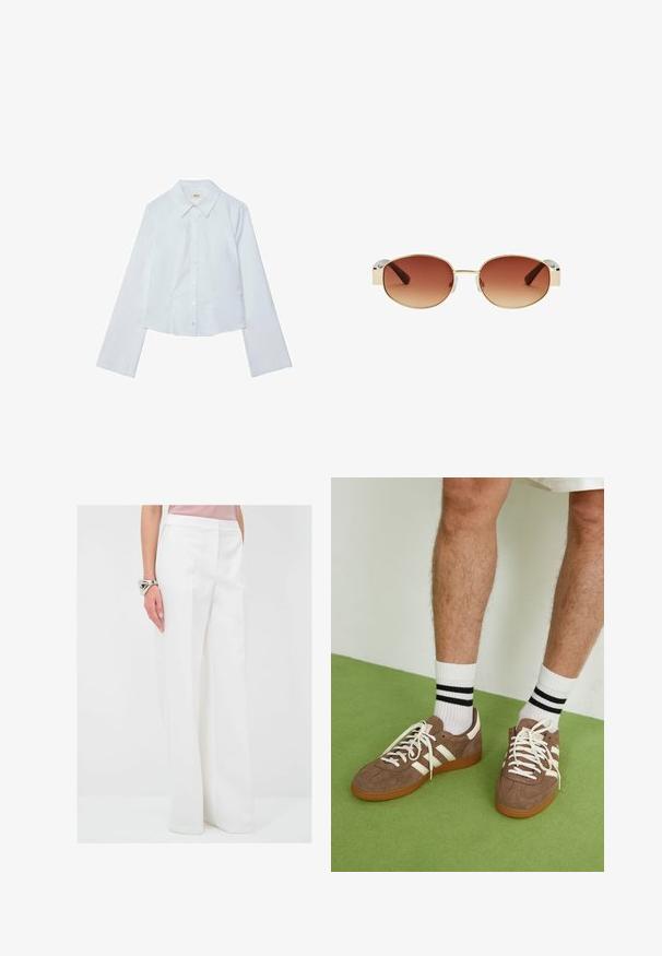 Bílá dlouhá rukávová zkrácená košile, s knoflíkovou přední částí a špičatým límcem, hladká textura a jemný lesk, s rovnými okraji.; adL Kalhoty - beige; Hnědé semišové tenisky s bílými akcenty a tkaničkami. Gumová podrážka. Nošeny s bílými ponožkami s černými pruhy. Zelená strukturovaná podlaha.; Kulaté sluneční brýle se zlatým kovovým rámem, hnědými gradientními čočkami, průhlednými plastovými akcenty na stranách a hnědými vzorovanými stranami.; COACH JONIE BAG - Kabelka - maple