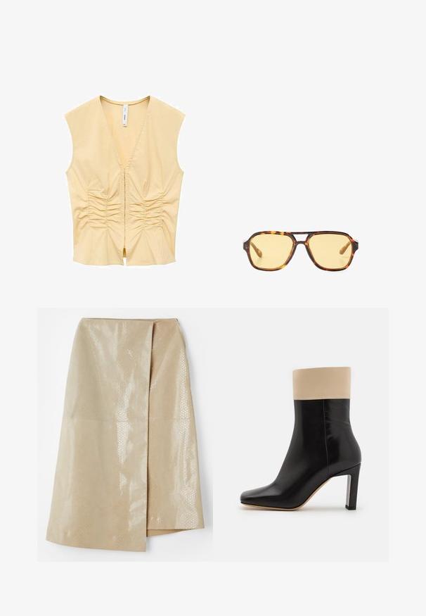 Žltý bezrukávový top s výstrihom do V, so zberanými detailmi na prednej strane pre textúru. Hladká tkanina s priliehavým strihom.; Béžová sukňa z umelej kože s lesklým, textúrovaným vzorom hadej kože; má zavinovací dizajn a bočný rozparok pre dodatočný detail.; Čierna kožená členková čižma s krémovým akcentom na vrchu, špicatou špičkou a vysokým podpätkom so strieborným akcentom. Hladká textúra bez viditeľných vzorov.; Korytnačie slnečné okuliare s geometrickým dizajnom, žltými sklami a kovovými akcentmi na spánkoch. Široký rám a matný povrch.; PULL&BEAR SHOULDER - Veľká kabelka - beige