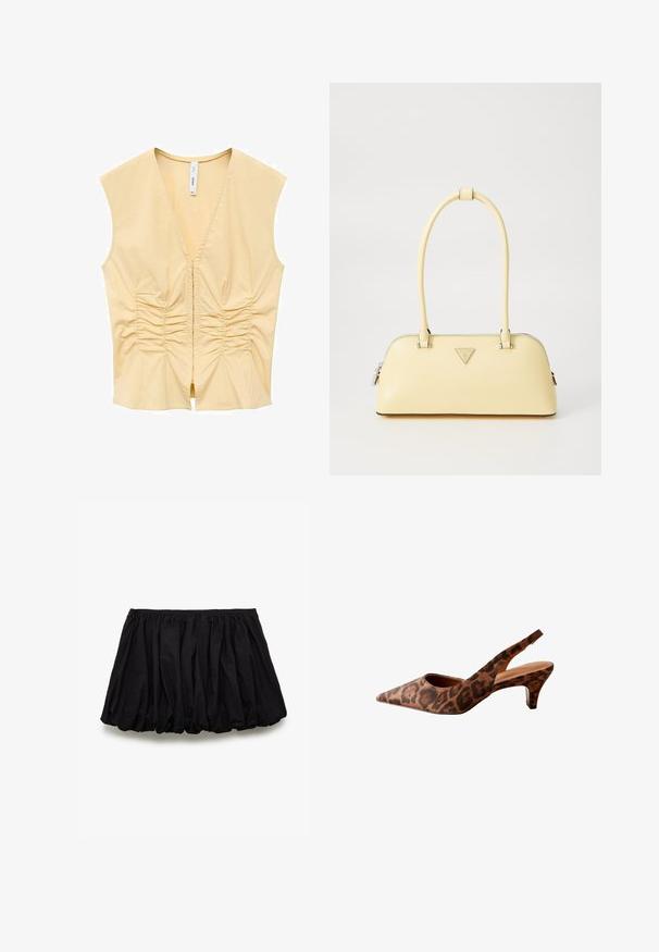 Gelbes ärmelloses Top mit V-Ausschnitt, das entlang der Vorderseite geraffte Details für Textur aufweist. Glattes Material mit einer taillierten Silhouette.; Schwarzer Rock aus Baumwolle, mit einem gerafften Design, elastischem Bund und voluminöser Form mit glatter Textur.; Leopardenmuster Slingback-Absätze mit spitzer Zehe, niedrigem Absatz und glatter Textur. Verfügt über ein ausgeschnittenes Design an den Seiten und hinten.; Gelbe lackierte Lederhandtasche mit runder Form, einem einzelnen oberen Griff und einer silbernen Logo-Platte. Verfügt über einen Reißverschluss und eine glatte Textur.