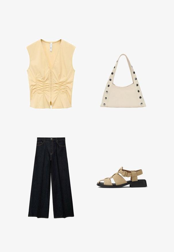 Žuta bezrukavna majica s V-izrezom, koja ima naborane detalje na prednjem dijelu za teksturu. Glatka tkanina s prilagođenim siluetom.; Široke traperice tamnog denima, s visokim strukom, prednjim džepovima i kontrastnom šavovima. Glatka tekstura s krojenim završetkom.; Bež suède sandale s otvorenim prstima i bočnim izrezima. Ima kopčanu traku i debelu crnu petu za dodatnu stabilnost.; PULL&BEAR SHOULDER  - Velika torba - beige