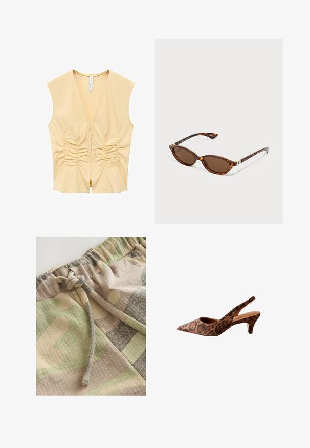 Top sans manches jaune avec un décolleté en V, présentant des détails froncés à l'avant pour apporter de la texture. Tissu lisse avec une silhouette ajustée.; Shorts à motifs camouflage avec un mélange de nuances de vert, beige et gris. Dotés d'une taille élastique et d'un cordon de serrage pour un ajustement réglable.; Talons slingbacks en imprimé léopard avec un bout pointu, un petit talon et une texture lisse. Présente un design découpé sur les côtés et à l'arrière.; Lunettes de soleil en écaille de tortue avec des verres ovales, en verre teinté brun, des branches fines et des accents en métal doré près des charnières.; Sac à main en cuir verni jaune, de forme arrondie, avec une seule poignée supérieure et une plaque logo en argent. Il dispose d'une fermeture à glissière et d'une texture lisse.