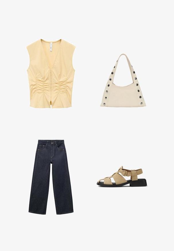 Żółta bezrękawnikowa bluzka z dekoltem w kształcie V, z marszczeniami z przodu dla uzyskania tekstury. Gładki materiał z dopasowanym fasonem.; Ciemnoniebieskie jeansy o szerokich nogawkach wykonane z denimu. Posiadają zamek błyskawiczny, zapięcie na guzik oraz kontrastowe szwy wzdłuż szwów.; Beżowe zamszowe sandały z otwartym noskiem i bocznymi wycięciami. Posiadają zapięcie na klamrę oraz masywny czarny obcas dla zwiększenia stabilności.; PULL&BEAR - Torba na zakupy