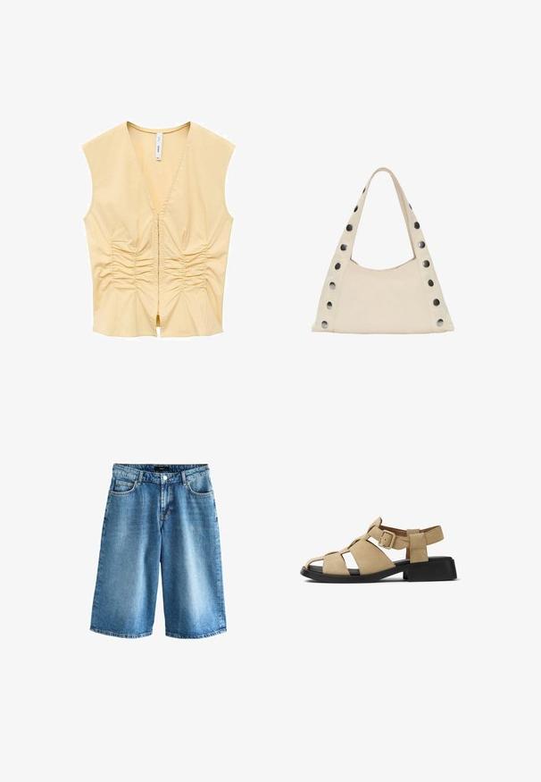 Top sans manches jaune avec un décolleté en V, présentant des détails froncés à l'avant pour apporter de la texture. Tissu lisse avec une silhouette ajustée.; Shorts en denim de couleur bleu clair, avec une coupe ample, un design standard à cinq poches et une taille avec fermeture à bouton.; Sandale en suédine beige avec bout ouvert et découpes sur les côtés. Comprend une sangle avec boucle et un talon noir épais pour plus de stabilité.; PULL&BEAR SHOULDER - Cabas - beige