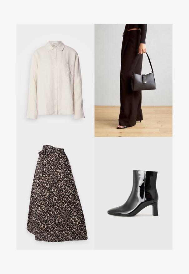 Világos bézs len ing, galléros nyakkal, hosszú ujjal és gombos záródással, egyetlen mellzsebbel és laza szabással.; Leopárdmintás maxi szoknya barna és fekete színben, puha anyagból készült, megkötős derékpánttal és redőzött kialakítással, amely légies sziluettet biztosít.; Fekete lakk bőrcipő bokáig érő, hegyes orral és közepes magasságú tömbsarokkal. Simább textúrával és minimalista dizájnnal rendelkezik.; Fekete kézi táska strukturált formával, sima textúrával és fémből készült záródással. Széles fekete nadrággal és nyitott orrú szandállal párosítva, fából készült padlón.
