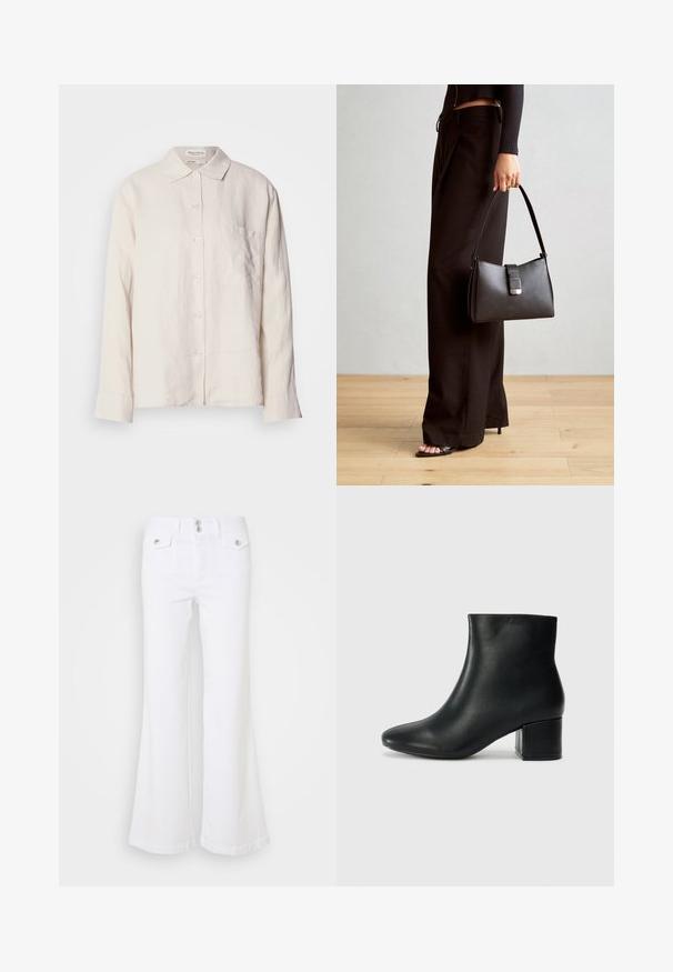 Vaaleanbeige pellavapaita, jossa on kauluspääntie, pitkät hihat ja nappikiinnitys. Paidassa on yksi rintatasku ja rento leikkaus.; Valkoiset levenevät farkut, jotka on valmistettu denimistä, korkealla vyötäröllä, kahdella etutaskulla ja hopeaisilla nappikoristeilla yksinkertaisella taustalla.; Musta nahkasaappaat nilkkapituudella, jossa on terävä kärki ja paksu korko. Silkkinen pinta, jossa on minimaaliset yksityiskohdat ja tyylikäs, istuva muotoilu.; Musta käsilaukku, jossa on rakenteellinen muoto, sileä pinta ja metallinen solki. Yhdistetty leveisiin mustiin housuihin ja avonaiheisiin sandaaleihin puulattialla.