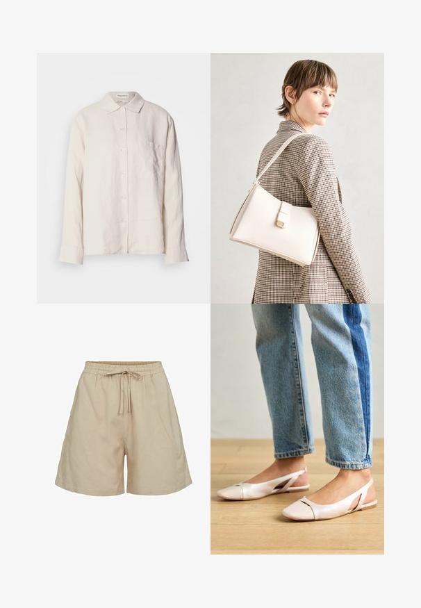 Jasno beżowa koszula z lnu z kołnierzykiem, długimi rękawami i zapięciem na guziki, z pojedynczą kieszenią na piersi i luźnym krojem.; Beżowe, lekkie szorty z tkaniny z elastycznym paskiem w talii i sznurkiem do regulacji. Posiadają luźny krój oraz boczne kieszenie. Gładka tekstura.; Jasnoróżowe baleriny na odkrytej pięcie z wąskim noskiem, wykonane z gładkiego materiału imitującego skórę. Posiadają wycięcia po bokach oraz płaski obcas.; Biała skórzana torebka o strukturalnym wzorze, z magnetycznym zapięciem i paskiem na ramię, zaprezentowana na neutralnym tle.