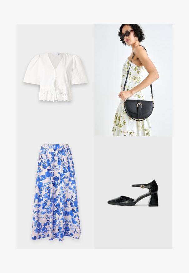 Biela blúzka s krátkymi rukávmi a výstrihom do V, so zapínaním na prednej strane a pásikom na stiahnutie. Obsahuje čipkový lem s vykrojenými kvetinovými vzormi na spodnom okraji.; Kvetinová maxi sukňa s ružovým pozadím a modrými, akvarelovými kvetinovými vzormi; elastický pás; ľahká tkanina.; Čierna lakovaná kožená vysoká opätková topánka s špicatou špičkou, remienkom okolo členka a textúrovaným vzorom krokodíla. Dizajn so štvorcovým blokovým opätkom.; Čierna kožená kabelka s zaobleným tvarom, odnímateľným popruhom a zlatými doplnkami. Kabelka má klopu s detailom s prackou.