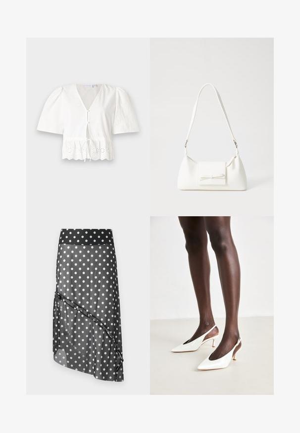 Λευκό μπλουζάκι κοντομάνικο με V-λαιμόκοψη, μπροστινά κουμπιά και ρυθμιζόμενη μέση με κορδόνι. Διαθέτει δαντελένιο φινίρισμα με κοψίματα σε λουλουδάτα σχέδια στο τελείωμα.; Μαύρη φούστα με πούλιες σε σχήμα τελείας και διάφανη επικάλυψη, με φαρδύ ζωνάκι και στρωτή, ασύμμετρη σχεδίαση. Λείος ιστός και ελαφρύ υλικό.; Λευκά παπούτσια slingback από πατενταρισμένο δέρμα με αιχμηρή μύτη, λεπτό τακούνι και ανοιχτές πλευρές; λεία υφή και μινιμαλιστικός σχεδιασμός.; Λευκή συνθετική τσάντα σε τριγωνικό σχήμα, με επίπεδη μπροστινή καπάκι και λεπτομέρεια φιόγκου, ρυθμιζόμενο λουράκι, απαλή υφή και μινιμαλιστικό σχέδιο.
