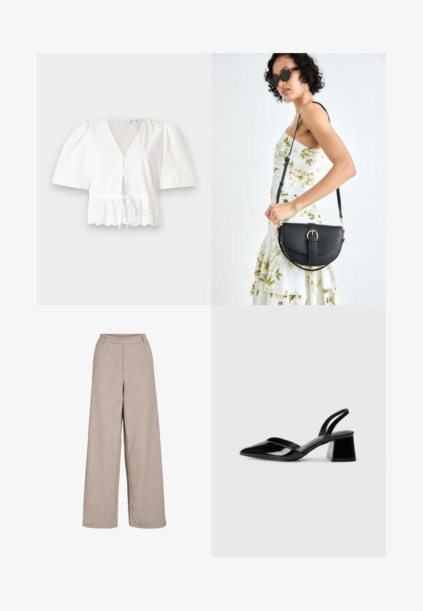 White, short-sleeve blouse with a V-neck, front buttons, and drawstring waist. Features lace trim with cutout floral patterns at the hem.; Beige wide-leg trousers made of lightweight fabric. Features a smooth texture, a fitted waist, and side pockets for functional detail.; Black patent leather slingback heels with a pointed toe and a geometric block heel. Features a sleek, minimal design and smooth texture.; Black leather handbag with a curved shape, detachable strap, and gold hardware. The bag features a flap with a buckle detail.