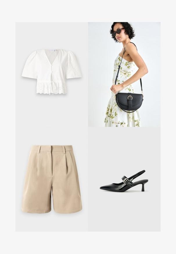 Biela blúzka s krátkymi rukávmi a výstrihom do V, so zapínaním na prednej strane a pásikom na stiahnutie. Obsahuje čipkový lem s vykrojenými kvetinovými vzormi na spodnom okraji.; Bežové nohavice s vysokým pásom, prispôsobené, s pútkami na opasok, prednými záhybmi a skrytým zapínaním na prednej strane, na bielom pozadí.; Čierne patentové kožené sandále na podpätku so špicatou špičkou a malým blokovým podpätkom, s dekoratívnou striebornou sponou na remienku.; Čierna kožená kabelka s zaobleným tvarom, odnímateľným popruhom a zlatými doplnkami. Kabelka má klopu s detailom s prackou.