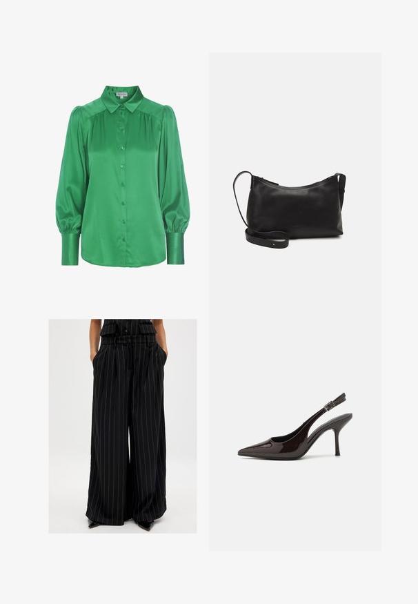 Zaļa satīna blūze ar pogu priekšpusi, izplestu apkakli, pūkainām garām piedurknēm un savāktām detaļām plecos. Gluda tekstūra un spīdīgs apdare.; Melni plaši bikses, izgatavotas no gludas auduma ar vertikālām svītrām. Aprīkotas ar jostu un sānu kabatām.; Slingback augstpapēžu kurpe ar spīdīgu tumši brūnu lakotu ādu, ar norādītu purngalu, atvērtām pusēm un regulējamu potītes siksniņu.; Melna ādas plecu soma ar gludu tekstūru, izliekta forma, regulējama siksna un rāvējslēdzēja aizdare. Minimālistisks dizains bez rotājumiem.