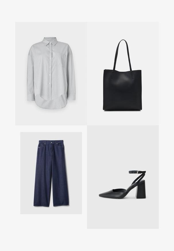 Helehall särg, mis on valmistatud sileda kangaga. Omab peeneid vertikaalseid triibusid, rinna taskut ja kumerat äärt. Pikad varrukad.; Tumed atlebiga denimpüksid tumedast sinisest kangast, millel on sile tekstuur, lõppkinnitus tõmbluku abil, ees olevad taskud ja metallised aktsendid.; Mustmustest must-käigukingad, millel on konksuga nöör ja paks konts. Ühtlane tekstuur, stiilne disain ja minimalistlik esteetika.; Mustast nahast kott sujuva tekstuuriga, ristkülikukujuline ja kahe pika sangaga. Pole nähtavat riistvara ega kaunistusi.