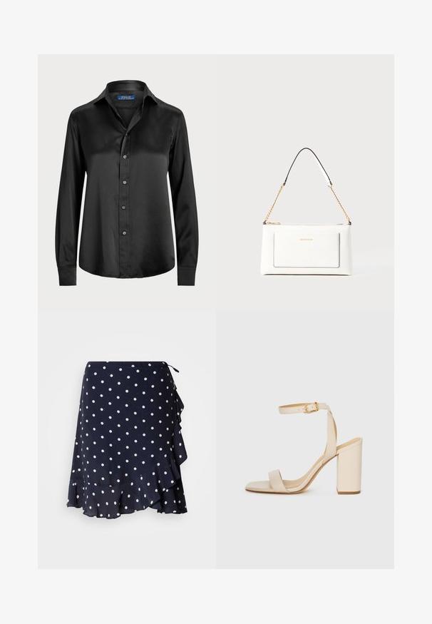 Black long-sleeve shirt in smooth fabric, featuring a button-down front, pointed collar, and tailored fit with a rounded hem.; GANT DOT PRINT FRILL SKIRT - Wrap skirt - evening blue; Beige high-heeled sandal with a square toe, thin ankle strap, and block heel. Smooth leather texture with a gold buckle detail.; White leather handbag with a textured finish, featuring a gold chain strap and black accents. Includes a front pocket and zipper closure.