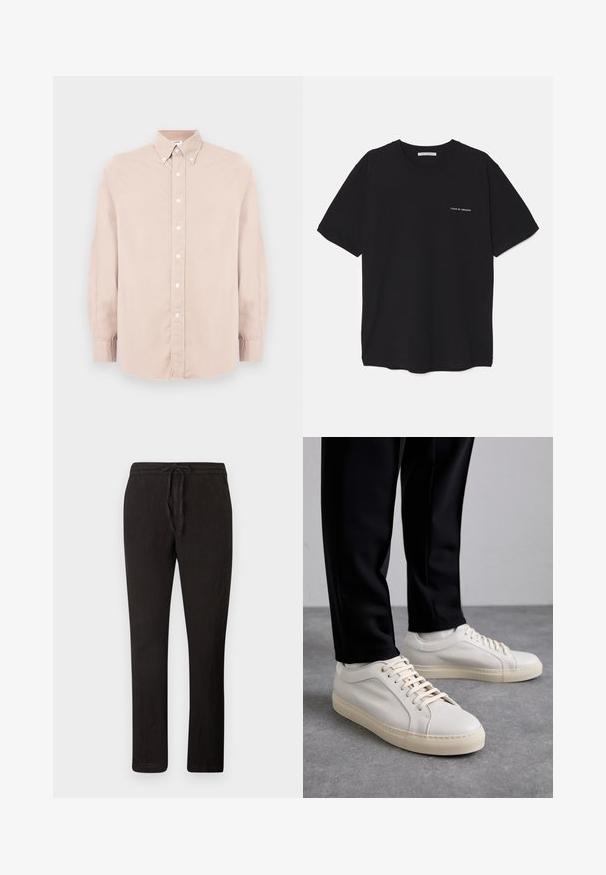 Lichtroze overhemden met lange mouwen, kraag en witte knopen. Gemaakt van een gladde stof met een normale pasvorm.; Zwarte katoenen T-shirt met een ronde hals, korte mouwen en een witte logo-print op de linkerkant van de borst. Eenvoudig, effen kleur ontwerp.; Zwarte linnen broek met een drawstring taille, rechte pijpen, textuurstof en een minimalistisch ontwerp. Geschikt voor casual gebruik.; Lichtbeige leren sneakers met platte veters, een gestructureerd oppervlak en een contrasterende crème-kleurige rubberen zool, gecombineerd met zwarte taps toelopende broek.