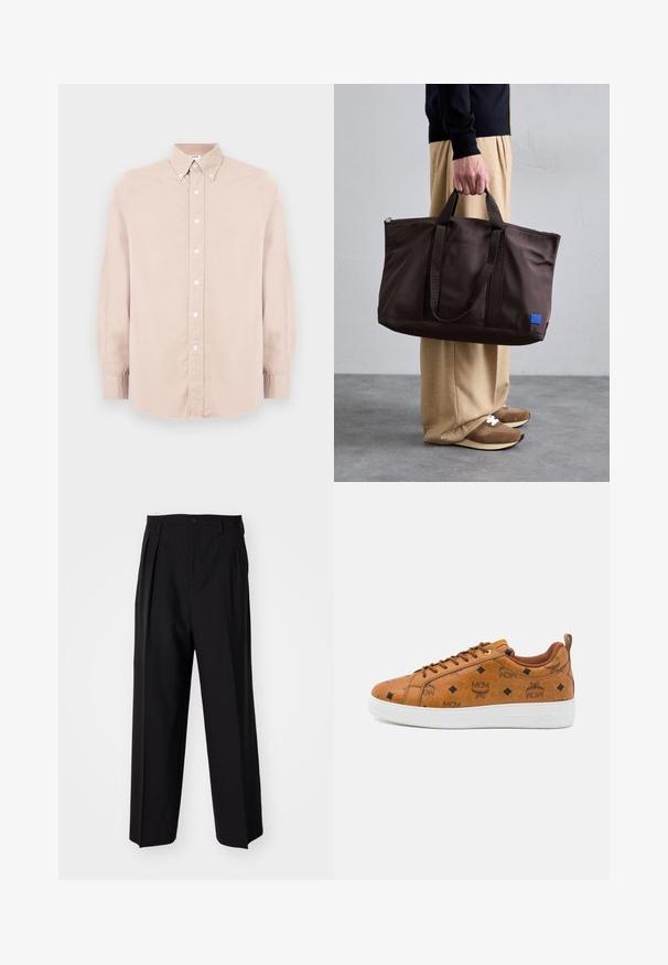 Lichtroze overhemden met lange mouwen, kraag en witte knopen. Gemaakt van een gladde stof met een normale pasvorm.; Zwarte geplooide broeken met een rechte, brede pijpontwerp. Gemaakt van soepele stof, met een knoopsluiting en riemlussen.; Bruine leren sneakers met een reliëf MCM-logo, een diamantpatroon, een witte rubberen zool en contrasterende bruine veters.; Bruine nylon draagtas met dubbele handvatten, ritsafsluiting en een blauw logo-label. Glad textuur, gestructureerd ontwerp, ruime binnenkant.