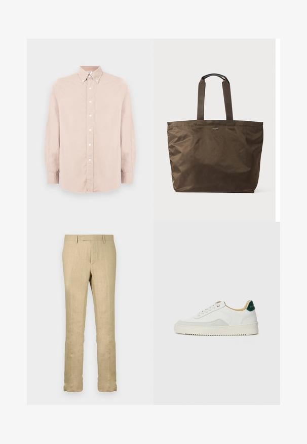 Vaaleanpunainen nappikaulusrengaspaita, jossa on pitkät hihat, kauluskori ja valkoiset napit. Valmistettu sileästä kankaasta, jossa on tavanomainen istuvuus.; Vaaleanbeige pellavahousut, suoranlahkeiset malli, kevyttä kangasta, jossa on hienovarainen rakenne, normaali vyötärö ja ilman näkyviä kuvioita.; Valkoiset tennarit, joissa on nahkaosia, pyöreä kärki, tasaiset nauhat ja kermaisa kumi-pohja. Takana vihreä brändäys.; Ruskea nailoninen kassi, jossa on kaksi kangasottoa ja sileä pinta. Etuosassa on minimaalinen brändäys.