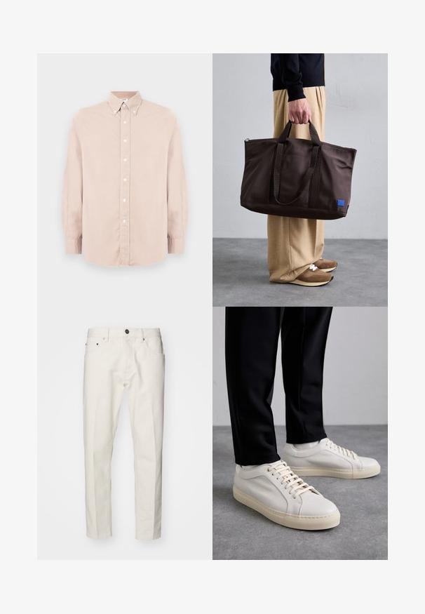 Light pink button-up shirt with long sleeves, collared neckline, and white buttons. Made from smooth fabric with a regular fit.; White cotton jeans with a straight leg design, featuring five pockets, a button closure, and minimal stitching details.; Light beige leather sneakers with flat laces, a textured surface, and a contrasting cream-colored rubber sole, paired with black tapered pants.; Brown nylon tote bag with dual handles, zip closure, and a blue logo patch. Smooth texture, structured design, spacious interior.