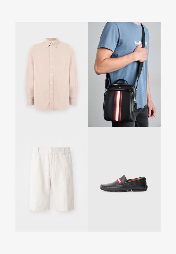 Jasnoróżowa koszula z długim rękawem, z kołnierzykiem i białymi guzikami. Wykonana z gładkiego materiału o regularnym kroju.; Lnianowe szorty w jasnym beżu z elastycznym paskiem w talii, bocznymi kieszeniami i prostym krojem. Gładka tekstura z minimalnie widocznymi szwami.; Czarne skórzane buty wsuwane z teksturowaną powierzchnią, z czerwono-białym paskiem na cholewce, zaokrąglony nos oraz gumowa podeszwa.; Czarna skórzana torba na ramię z pionowymi paskami w kolorze czerwonym, białym i beżowym. Posiada uchwyt u góry oraz regulowany pasek. Widoczny zamek błyskawiczny.