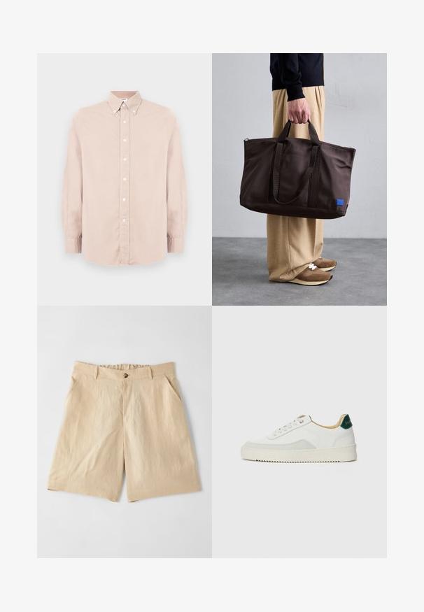 Vaaleanpunainen nappikaulusrengaspaita, jossa on pitkät hihat, kauluskori ja valkoiset napit. Valmistettu sileästä kankaasta, jossa on tavanomainen istuvuus.; Paul Smith Shortsit - sand; Valkoiset tennarit, joissa on nahkaosia, pyöreä kärki, tasaiset nauhat ja kermaisa kumi-pohja. Takana vihreä brändäys.; Ruskea nylon-kassi, jossa on kaksoiskahvat, vetoketjukiinnitys ja sininen logopatch. Sileä pinta, jämäkkä rakenne, tilava sisustus.