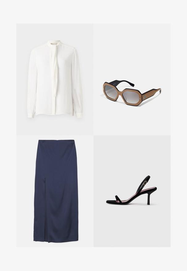Bílá halenka s dlouhým rukávem a vysokým límcem, s tenkým krčním šátkem. Vyrobena z hladké tkaniny, se nařasenými manžetami a zapínáním na knoflíky vpředu.; Námořnická modrá midi sukně z hladkého materiálu s předním rozparkem, s úzkým pasem a splývavým designem pro plynulý pohyb.; Černé semišové dámské sandály na vysokém podpatku s úzkými popruhy a zlatou sponou na bílém pozadí, boční pohled.; Osmiboké sluneční brýle s hnědo-černou barevnou kombinací, gradientními skly a logo akcentem na straně. Vyrobeny z plastového materiálu.