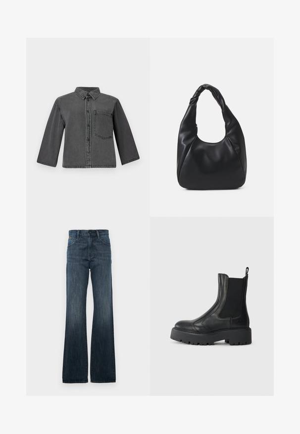 Pelēka džinsu krekla ar pogājamām durvīm, punktu apkakli un vienu krūšu kabatu. Iezīmē garas piedurknes un brīvu piegriezumu.; Tumši zilie džinsi ar platiem galiem, klasiskā piecu kabatu dizainā un maziem izbalējumiem. Pogas un rāvējslēdzēja aizdare jostasvieta, nostiprināti vīlējumi.; Melnas ādas potītes zābaki ar elastīgām sānu daļām, noapaļotu purngalu un masīvu teksturētu gumijas zoli. Aizdare aizmugurē.; Melnā hobo soma, kas izgatavota no gludas ādas līdzīga materiāla, ar savītu rokturi, ar mīkstu, noapaļotu formu un augšējo rāvējslēdzēju.; Divpadsmit auskaru komplekts ar riņķiem sudraba un zelta tonī. Ietver vītņotus, gludus un teksturētus dizainus ar dažādiem izmēriem un apdares veidiem.